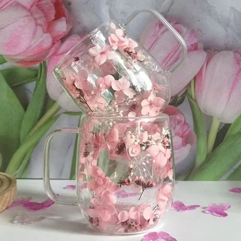 1pc Double-walled Glass Coffee Mug with Real Flower Design | Handcrafted Floral Glassware