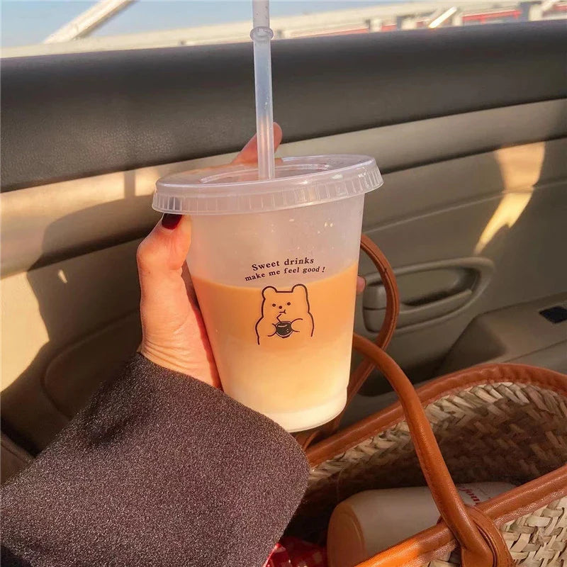 Cute Reusable Plastic Water Bottle with Straw | Portable Cold Cup for Coffee, Juice, & Milk Tea