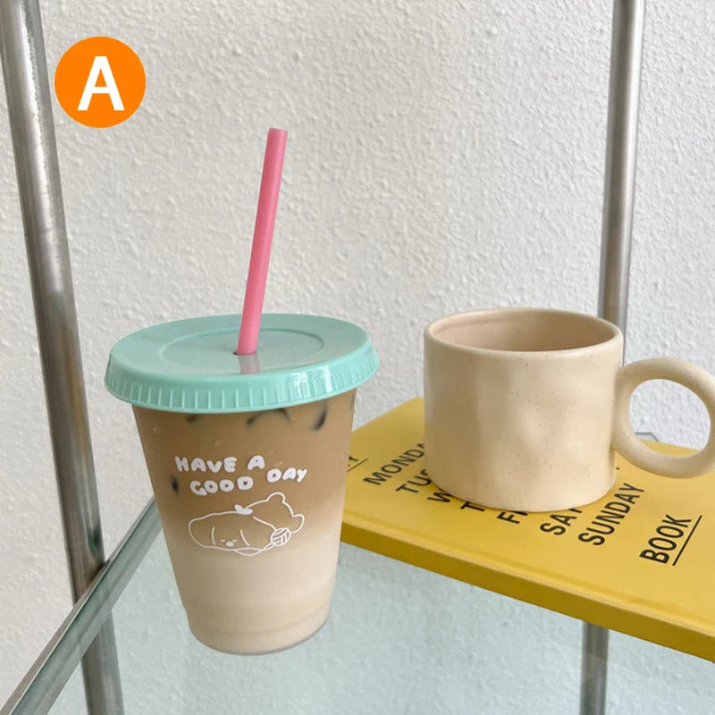 Cute Reusable Plastic Water Bottle with Straw | Portable Cold Cup for Coffee, Juice, & Milk Tea