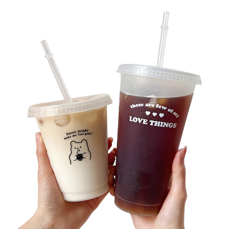 Cute Reusable Plastic Water Bottle with Straw | Portable Cold Cup for Coffee, Juice, & Milk Tea