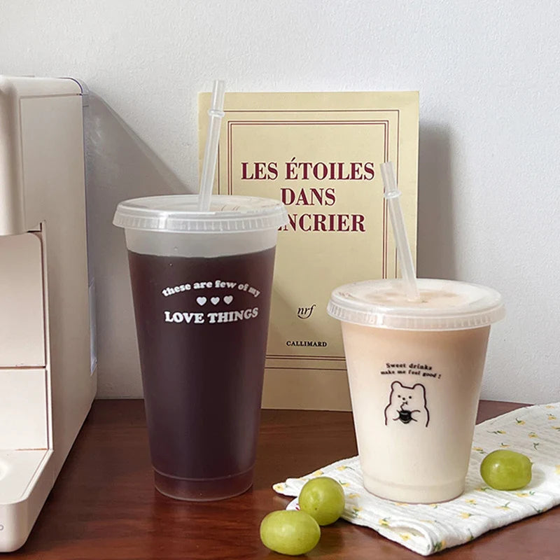 Cute Reusable Plastic Water Bottle with Straw | Portable Cold Cup for Coffee, Juice, & Milk Tea
